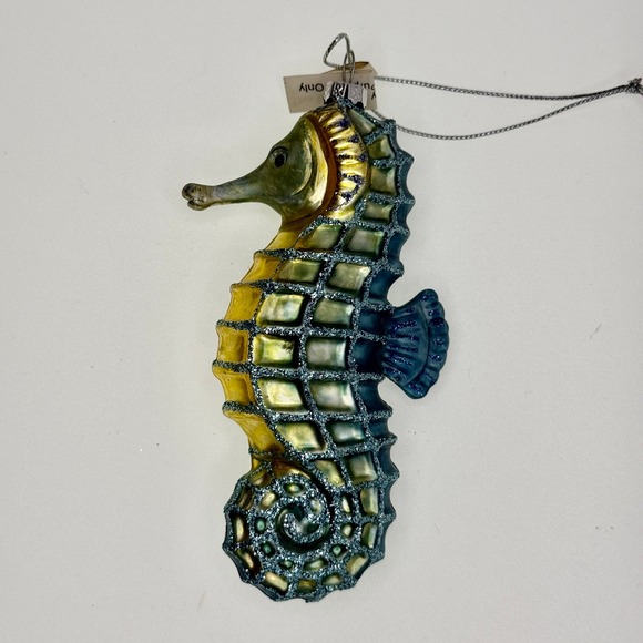 Other - Glass Seahorse Christmas Ornament Blue Yellow Glitter Coastal Nautical Decor